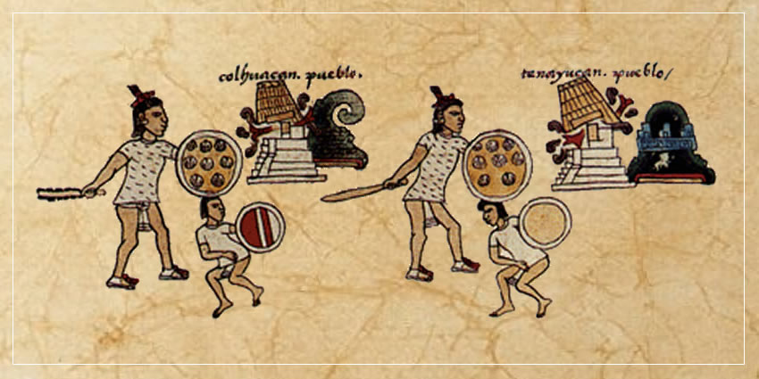 The ancient cities of Colhuacan and Tenayucan are shown conquered by the Aztecs and their inhabitants taken captive