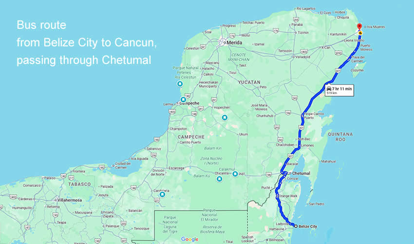 Bus route from Belize City to Cancun, passing through Chetumal