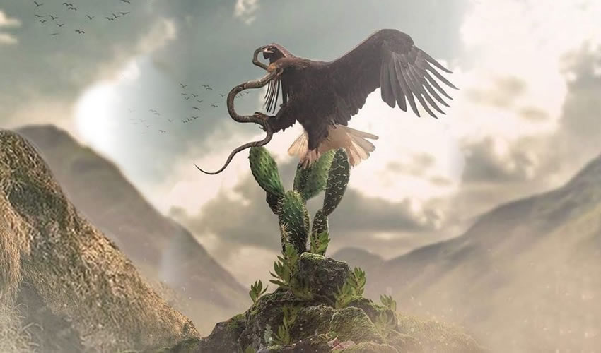 An eagle sits on a nopal cactus, holding a snake in its beak and claws